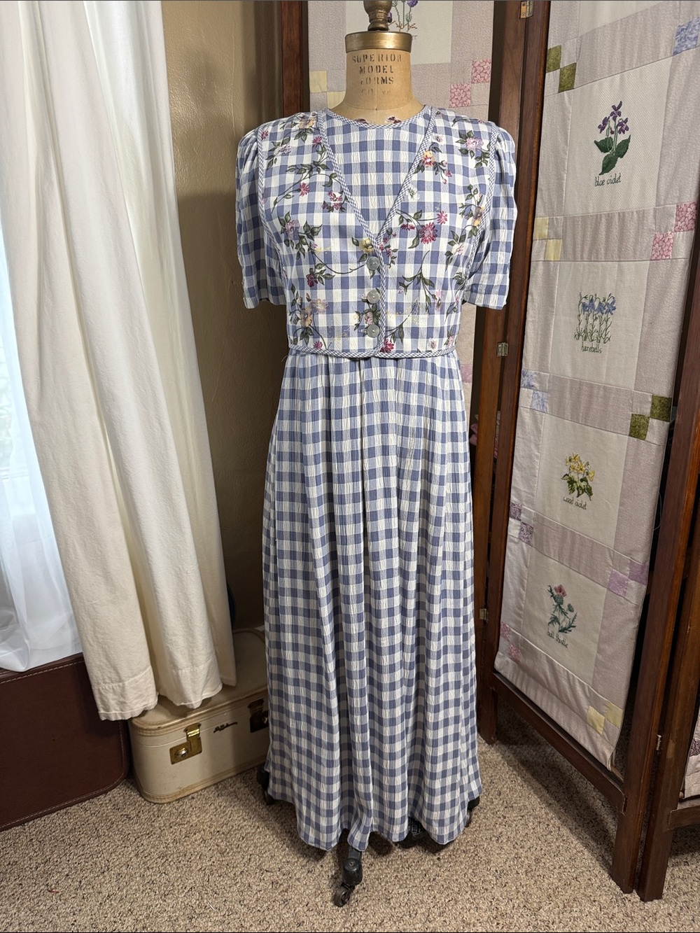 Vintage 80s 90s JBS Blue Gingham Floral Prairie Maxi Dress Size 10 Cottagecore